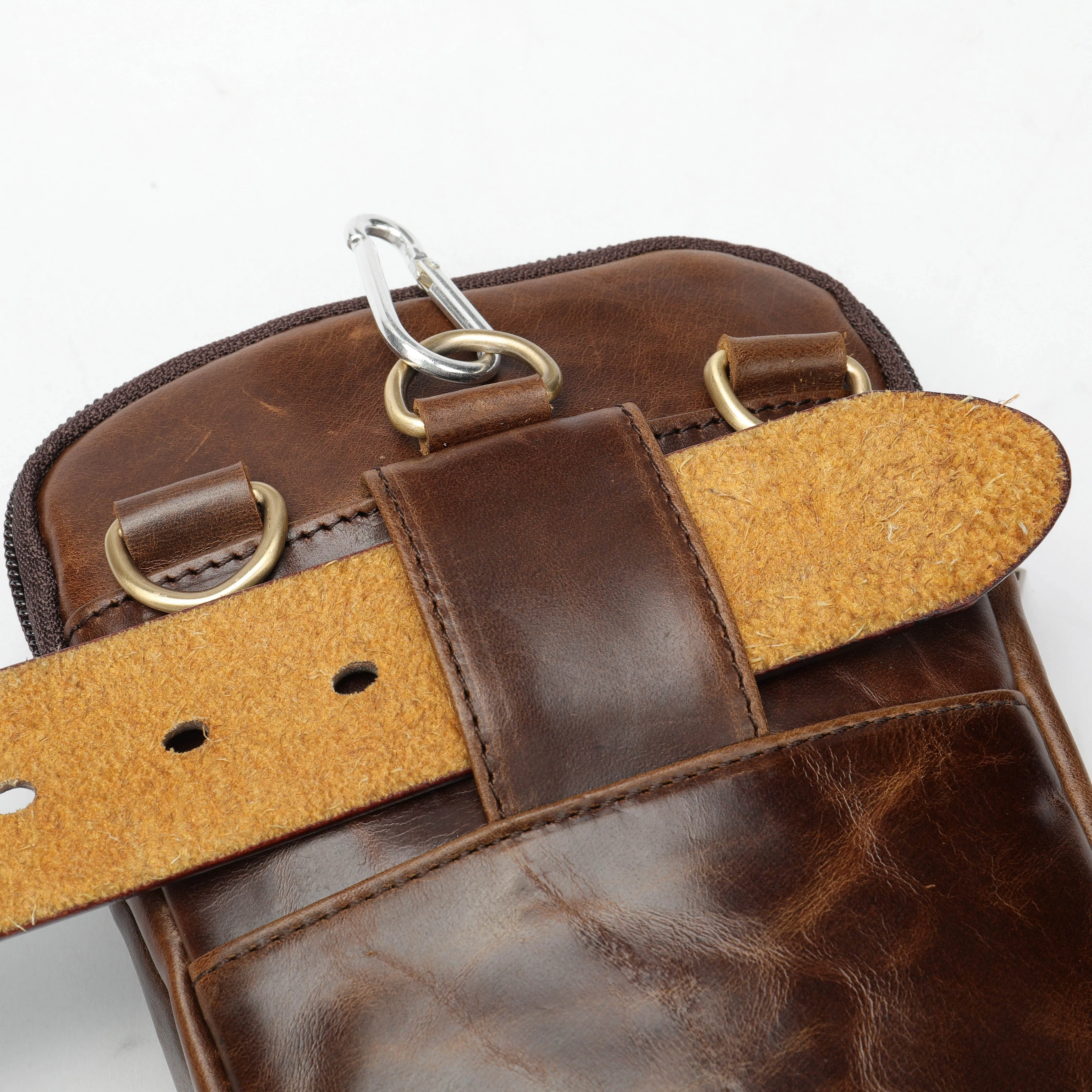 (image for) Ekphero Men's Genuine Leather Crossbody Bag with Zipper Mobile Phone Shoulder Bag Small Travel Waist Bag Multi-Pockets Male Belt Waist Packs